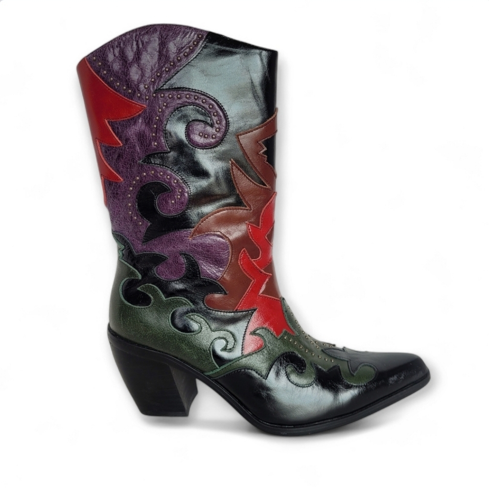 Patchwork Leather Western Boots With Studs Multicolor size 6.5